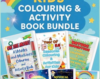 May include: A collection of children's colouring and activity books. The title "ULTIMATE KIDS' COLOURING & ACTIVITY BOOK BUNDLE" is displayed. The books cover themes such as vehicles, nature, space, and fantasy, with vibrant illustrations and text.