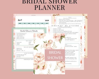 May include: A bridal shower planner with a soft pink background. The planner includes pages for details, venue, gift registry, and guest summary. The words "Bridal Shower Planner" are at the top, and "Bridal Shower" is in a floral design.