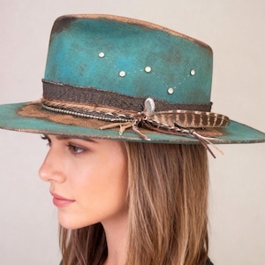 Zeldzame, op maat gemaakte vintage Boho-Chic-stijl hoed – Casiopea Constellation wollen vilten fedora hoed – Turquoise & bronzen vintage fedora |– Gifteds
