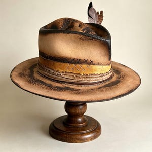 Beige Skull Crown Hat, Wool Felt Fedora Hat, Custom Burned Hat, Personlized Distressed Fedora, Bespoke Custom Fedora, Hut Herren, Hut Damen