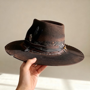 Handmade Wool Felt Hat – Black Fedora Hat For Men – Wide Brim Fedora – Black Distressed Fedora Hat image 3