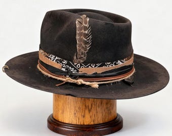 Czarny, zniszczony kapelusz fedora z szerokim rondem, męski – Hut Herren – wełniany, z płaskim rondem – rdzawy kapelusz fedora – czarny, wełniany kapelusz westernowy Outlaw – fedora XL 64 cm