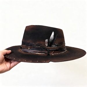 Handmade Wool Felt Hat – Black Fedora Hat For Men – Wide Brim Fedora – Black Distressed Fedora Hat image 2