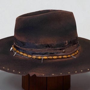 Handmade Wool Felt Hat – Black Fedora Hat For Men – Wide Brim Fedora – Black Distressed Fedora Hat image 11