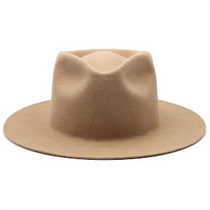 May include: A tan fedora hat with a wide brim. The hat has a pinched crown and a structured shape. The hat is made of a soft, felt-like material. The hat is a neutral colour and can be worn by anyone.