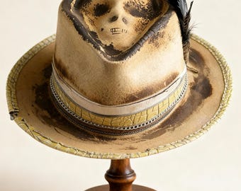 Beige Skull Crown Hat, Wool Felt Fedora Hat, Custom Burned Hat, Personlized Distressed Fedora, Bespoke Custom Fedora, Hut Herren, Hut Damen