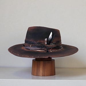 Handmade Wool Felt Hat – Black Fedora Hat For Men – Wide Brim Fedora – Black Distressed Fedora Hat