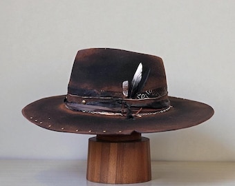 Handmade Wool Felt Hat – Black Fedora Hat For Men – Wide Brim Fedora – Black Distressed Fedora Hat
