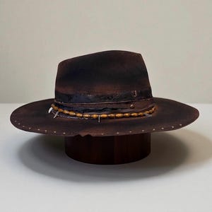 Handmade Wool Felt Hat – Black Fedora Hat For Men – Wide Brim Fedora – Black Distressed Fedora Hat image 13