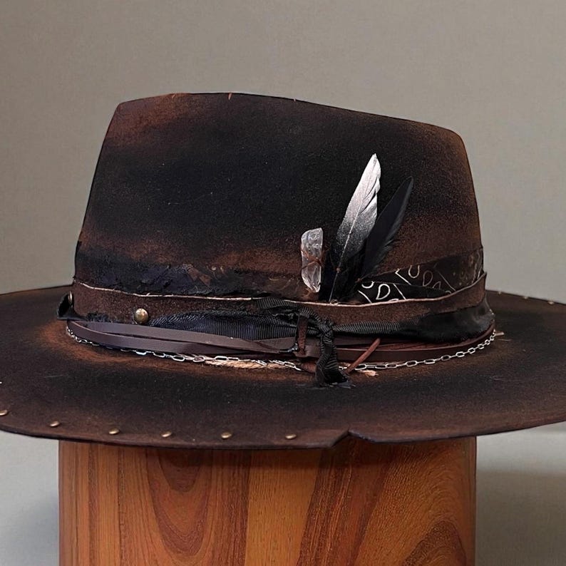 Handmade Wool Felt Hat – Black Fedora Hat For Men – Wide Brim Fedora – Black Distressed Fedora Hat image 8