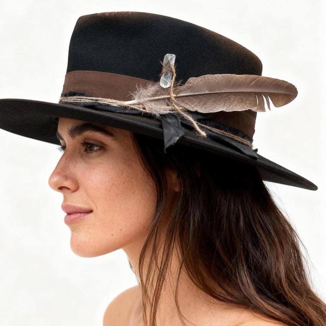 Black Flat Brim Rigid Wool Felt Hat – Custom Fedora – Boho Rock Style ...