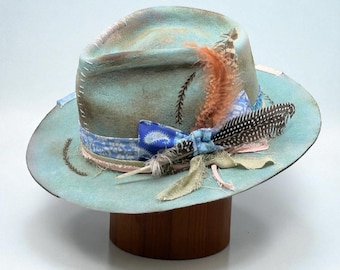 TURQUOISE Fedora Wool Felt Hat – Distressed Bespoke Fedora – Custom Burned Hat – Chapeau Fedora – Hut Damen – Hut Herren – Handmade Hats