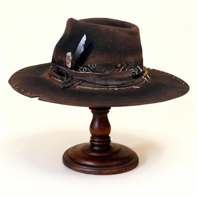Handmade Wool Felt Hat – Black Fedora Hat For Men – Wide Brim Fedora – Black Distressed Fedora Hat image 6