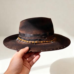 Handmade Wool Felt Hat – Black Fedora Hat For Men – Wide Brim Fedora – Black Distressed Fedora Hat image 5