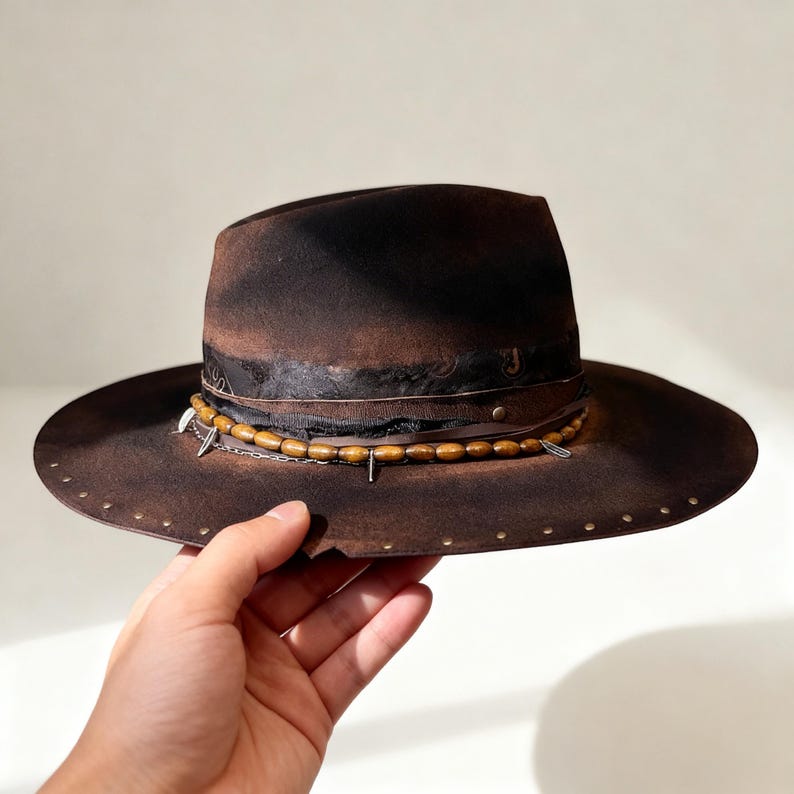 Handmade Wool Felt Hat – Black Fedora Hat For Men – Wide Brim Fedora – Black Distressed Fedora Hat image 5