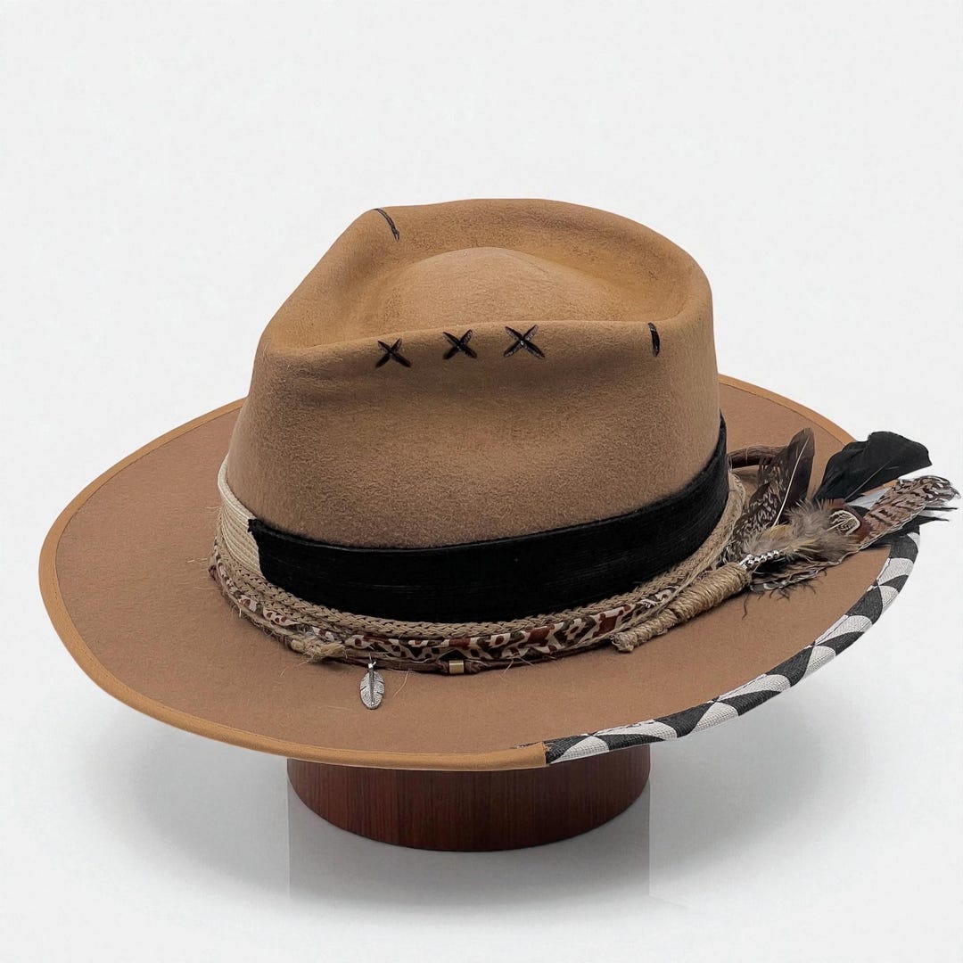Wide Brim Felt Fedora Hat in Camel The Benedict | Camel Open Crown Fedora in Beaver Fur Felt  main image 2