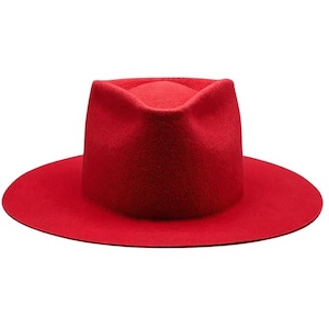 May include: A vibrant red fedora hat with a wide brim. The hat features a structured crown and a classic, flat brim design. This stylish hat is a bold fashion accessory.