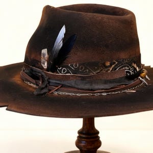 Handmade Wool Felt Hat – Black Fedora Hat For Men – Wide Brim Fedora – Black Distressed Fedora Hat image 9