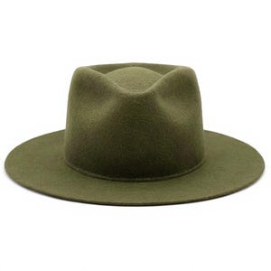 May include: Olive green fedora hat with a structured crown and a wide brim. The hat is made of a soft material and is suitable for various occasions. The hat's brim measures approximately 3 inches.