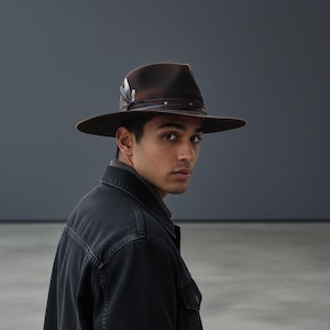 Handmade Wool Felt Hat – Black Fedora Hat For Men – Wide Brim Fedora – Black Distressed Fedora Hat image 10