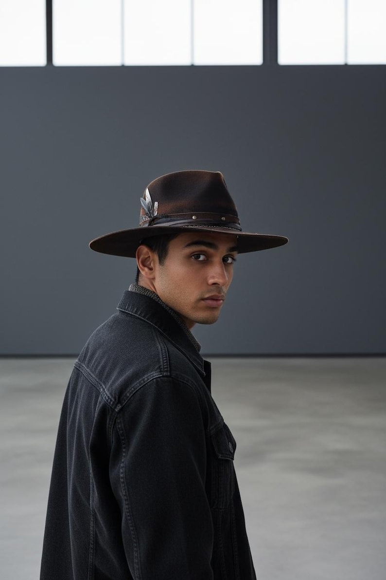 Handmade Wool Felt Hat – Black Fedora Hat For Men – Wide Brim Fedora – Black Distressed Fedora Hat image 10
