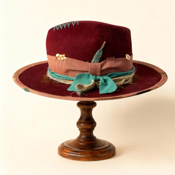 Boho Custom Handmade Burgundy Wool Felt Fedora Hat With  display picture 1