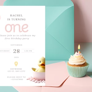 Faire-part premier anniversaire, bannière et carte de remerciement modifiables, bébé canard, fête de premier anniversaire, modèle, modèle d'invitation d'anniversaire avec maquettes