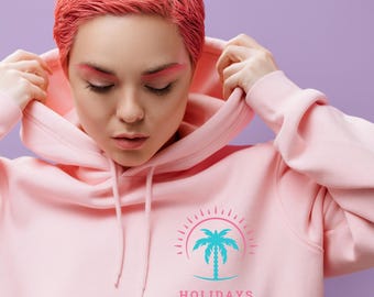 Hoodie, Cool Pink and Green Palm Tree  Sweatshirt, Summer Beach Vibes,  Pullover, Tropical Vacation