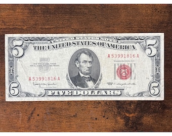 1963 5 Five Dollar Red Seal United States Note Lincoln Vintage Currency
