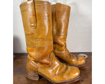 Vintage Tan Leather Western Cowboy Boots Square Toe Stacked Heel Tall Honey