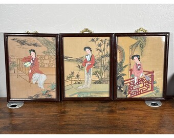 Vintage Chinese Hand Painted Silk Painting Triptych Framed Set Traditional Women