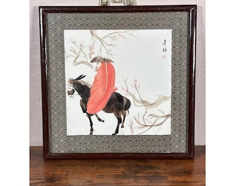 Vintage Chinese Feather Art Traveler on Donkey Plum Blossom Framed 12x12