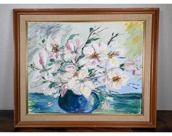 Vintage M Holmes signiertes Ölgemälde Impasto Blumen Blauer Vasenrahmen