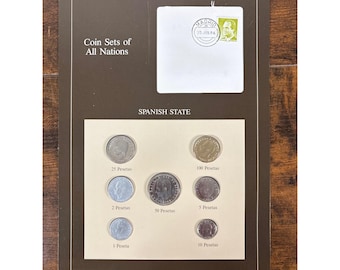 Spain Coin Sets of All Nations Franklin Mint 1986 Madrid Postmark 7 Coins