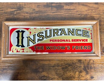 Vintage Insurance The Widows Friend Advertising Mirror Wood Frame Bill Scanlon