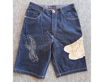 Raw Blue Mens 36 Baggy Denim Shorts Dark Wash Sneaker Graphic Y2K Streetwear