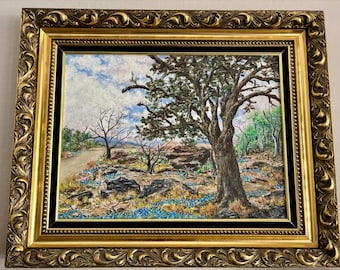 Susan Lich Signed Original Oil Painting Texas Hill Country Bluebonnets Gold Fram