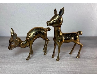 Vintage Solid Brass Deer Figurines Set of 2 Spotted Doe and Fawn Made in Korea