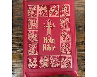 Katholische Heimausgabe Heilige Bibel 1951 Rotgoldvergoldet illustrierter Einband Vintage