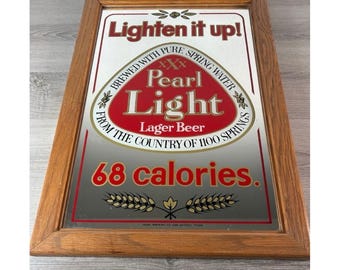 Espejo con letrero de cerveza Pearl Light Lager vintage, marco de madera, San Antonio, Texas, 16x10