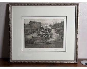 Signierte limitierte Radierung 3/30 Hafen Fischerboote umrahmt Nautische Kunst