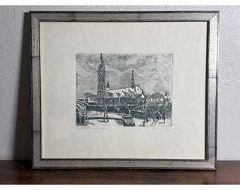 Signierte Limitierte Gotische Kathedrale Radierung Gerahmte Winterlandschaft 12/100