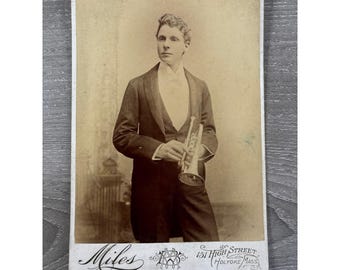Antique Cabinet Card Photo Miles Holyoke MA Musician with Trumpet Cornet Tuxedo