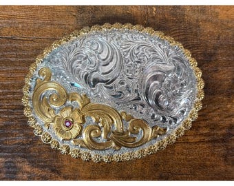 Crumrine plaqué argent bijoutiers bronze Boucle de ceinture ovale floral occidental Pierre rubis