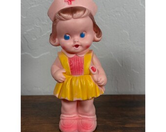 Vintage 1951 Sun Rubber Co Nurse Girl Squeeze Toy Pink Yellow Mid Century MCM