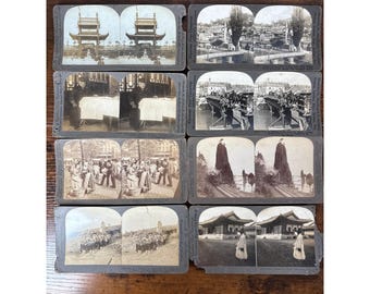 8 antieke Stereoview-kaarten Keystone Underwood 1904 Wereldtentoonstelling Korea WOI-geschiedenis