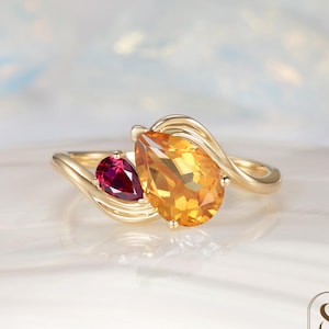 Pear Shaped Toi Et Moi Ring Citrine and Ruby Two Stone Engagement Ring Yellow Gold Wave Bypass Ring Unique Birthstone Ring Anniversary Gift