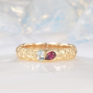 5mm Hammered Wedding Band, Aquamarine and Ruby Toi Et Moi Ring Custom Birthstone Ring For His or Her, Unique Anniversary Gifts
