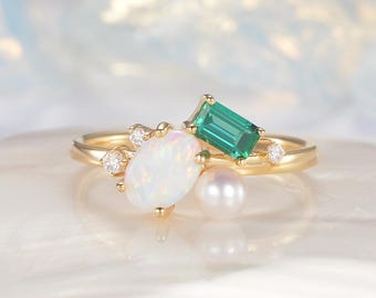 Unique Oval Cut Opal Engagement Ring Yellow Gold Emerald and Pearl Birthstone Ring East West Ring Cluster Ring Minimalist Promise Ring