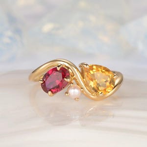 Ruby Citrine Pearl Toi Et Moi Engagement Ring Birthstone Ring Ring Solid Gold East West Ring Wave Ring You And Me Band Jewelry Gift For Her
